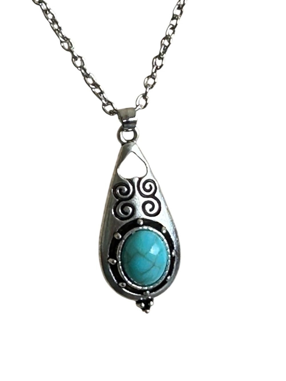 Native American Inspired Silver & Turquoise Engraved Pendant Adjustable Necklace - Picture 2 of 6